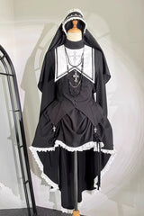 Black/White [Peace Prayer] Long Sleeves Ruffle Bowknot Asymmetric Gothic Lolita Skirt Set - Product - 3