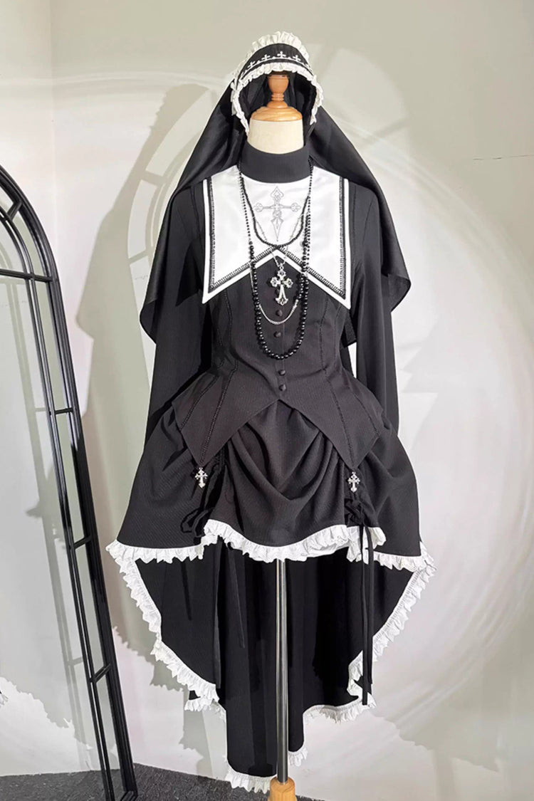 Black/White [Peace Prayer] Long Sleeves Ruffle Bowknot Asymmetric Gothic Lolita Skirt Set - Product - 3