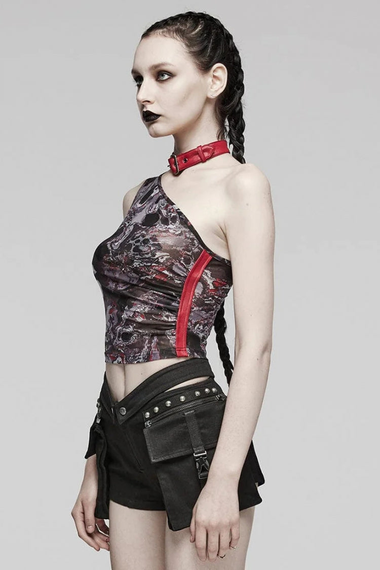 Asymmetrical Off Shoulder Sleeveless Print Womens Steampunk Halter Vest 2 Colors - Product - 3