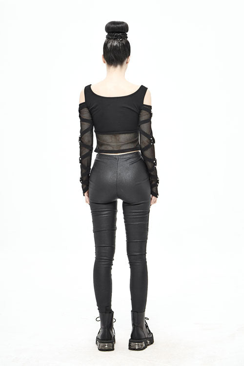 Black Sexy Mesh Spliced Off The Shoulder Long Sleeves Women Punk T-Shirt - Product - 7