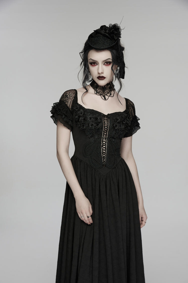 Black Off Shoulder Short Puff Sleeves Ruffled Hanayome Embroidered Lace Women's Gothic Elegant Gorgeous Dress - Black - 7