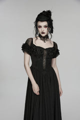 Black Off Shoulder Short Puff Sleeves Ruffled Hanayome Embroidered Lace Women's Gothic Elegant Gorgeous Dress - Black - 7