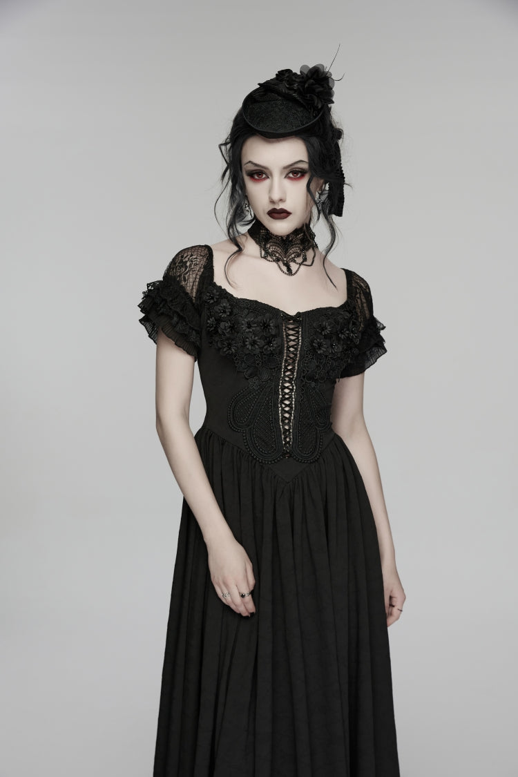 Black Off Shoulder Short Puff Sleeves Ruffled Hanayome Embroidered Lace Women's Gothic Elegant Gorgeous Dress - Black - 7