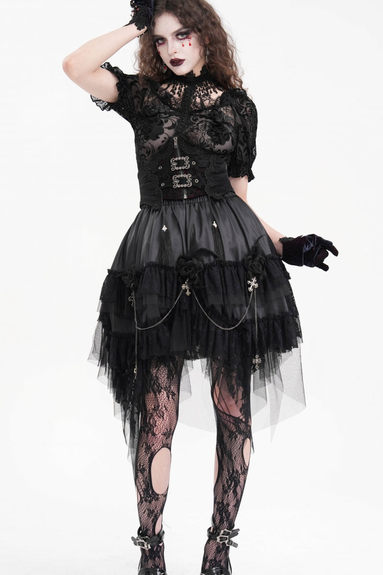 Black Embroidered Lace Lace-Up Slim Fit Zippered Women's Gothic Tassels Luxurious Royal Underbust Corset - Product - 5