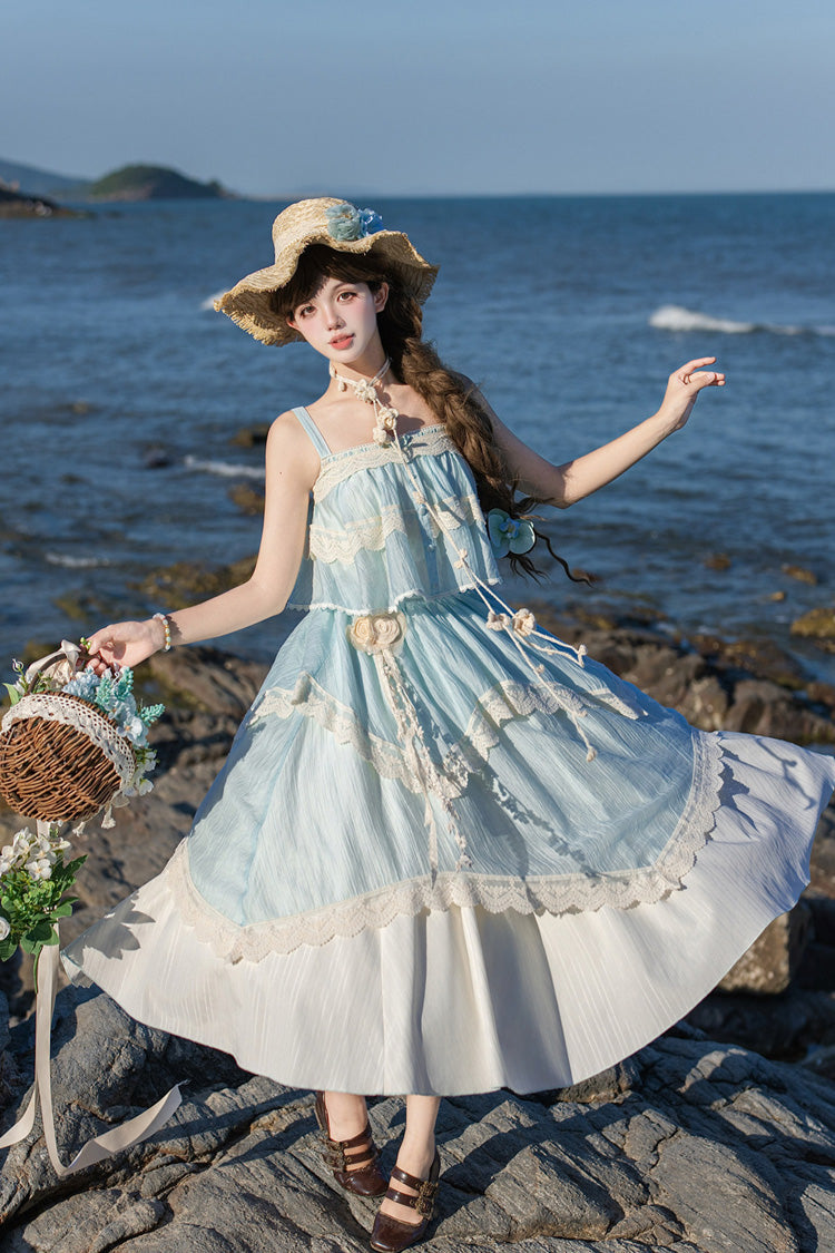 [Summer of Bluebells] Square Collar Sleeveless Jacquard Ruffled Asymmetric Sweet Lolita Skirt Set 2 Colors (Blue/Green, Ivory) - Product - 18