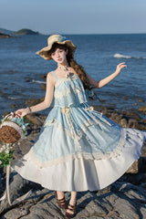 [Summer of Bluebells] Square Collar Sleeveless Jacquard Ruffled Asymmetric Sweet Lolita Skirt Set 2 Colors (Blue/Green, Ivory) - Product - 18