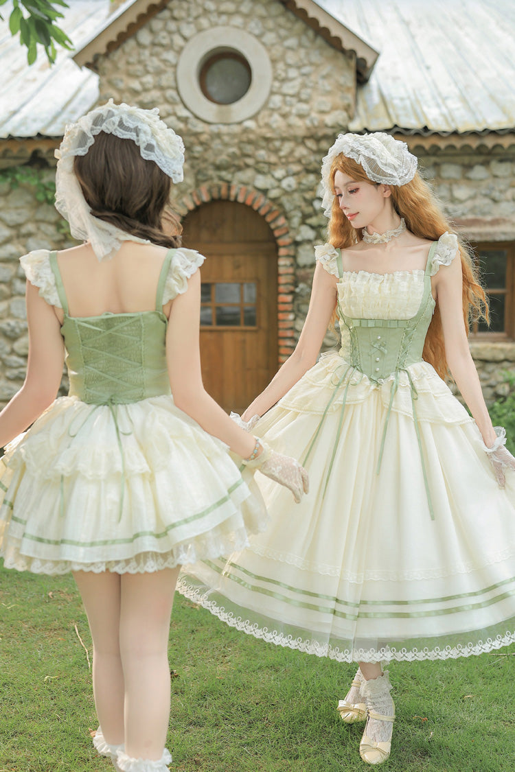 Green Square Collar Sleeveless Multi-Layered Ruffled Bow Lace Fishbone Sweet Lolita Jsk Dress 2 Versions - Product - 5
