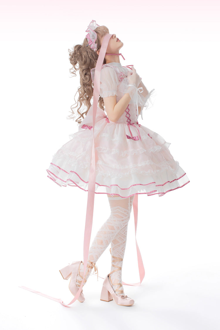 Pink Multi-layer Ruffle Bowknot Lace-Up Ballet Style Sweet Princess Lolita Tiered Dress - Product - 8