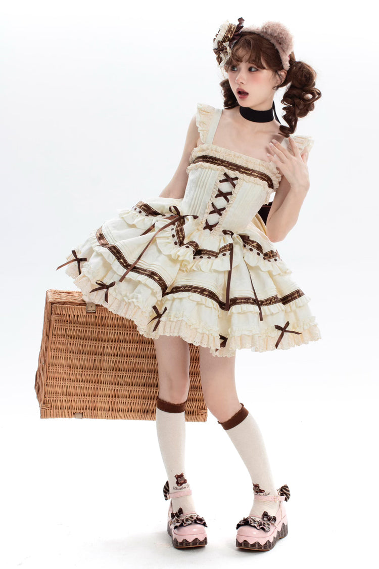 Ivory Chocolate Sleeveless Double-Layered Ruffle Bowknot Sweet Plus Size Lolita Jsk Dress - Product - 2