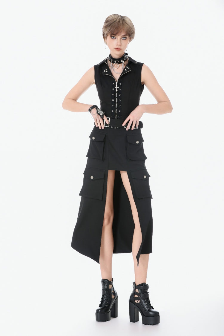 Black Lapel Collar Sleeveless Lace-Up Studded Zippered Eyelet Women's Punk Vest - Product - 7