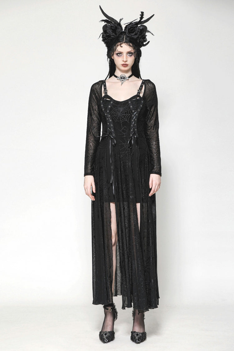 Black Long Sleeves Lace-Up Spiderweb Women's Gothic Elegant Witch Long Dress - Product - 5