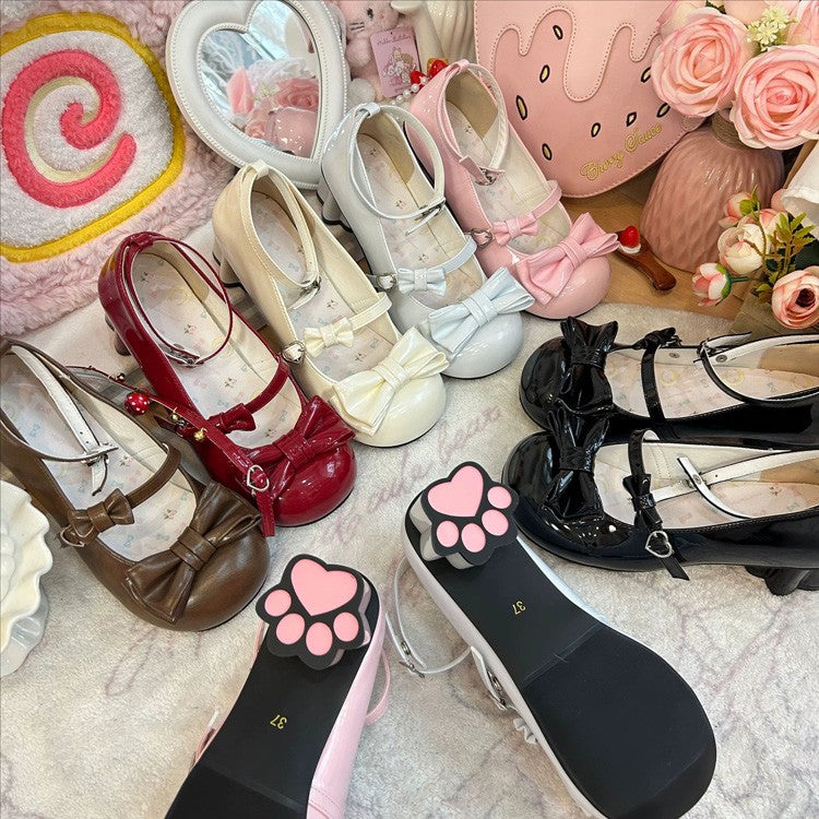Round Toe Bow Mid Heel Lolita Mary Jane Shoes with Cat Paw Heels 7 Colors - Product - 9