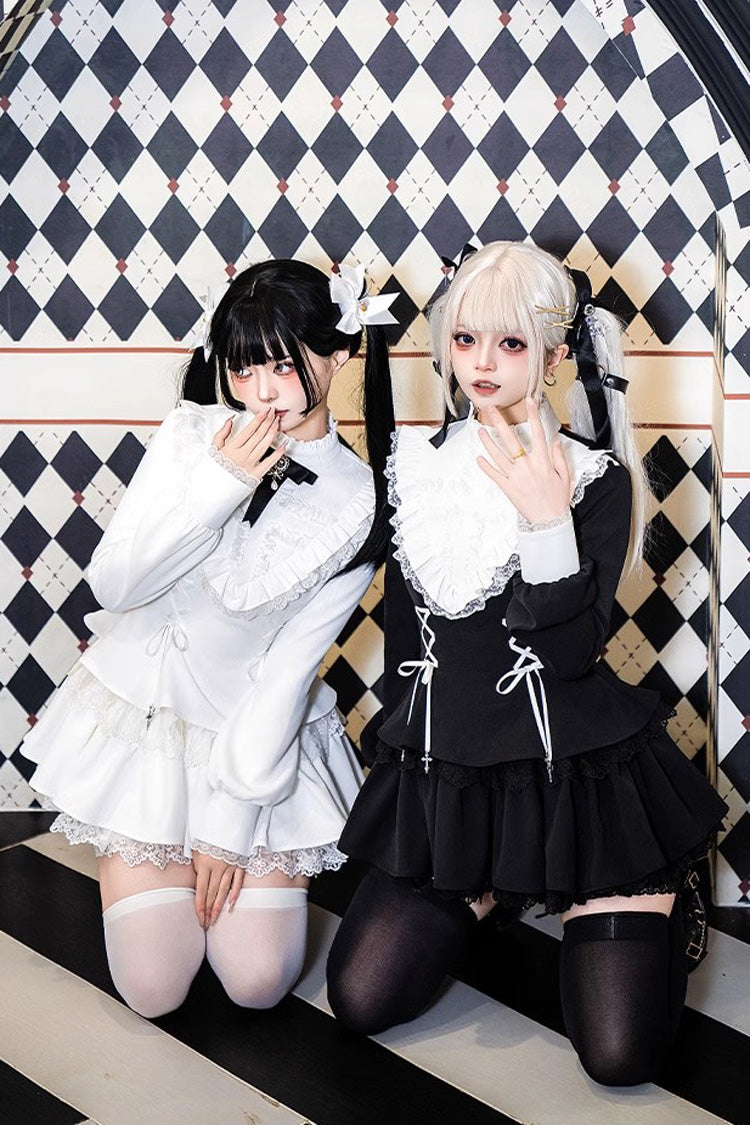 White Long Sleeves Ruffle Lace-Up Sweet Handsome Lolita Dress - Product - 8