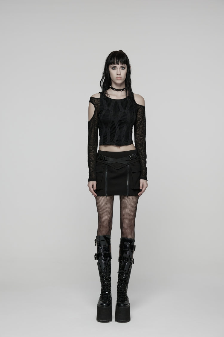 Black Lace-Up Zippered Women's Punk Cool  Big Pockets Techwear Skirt - Black - 1