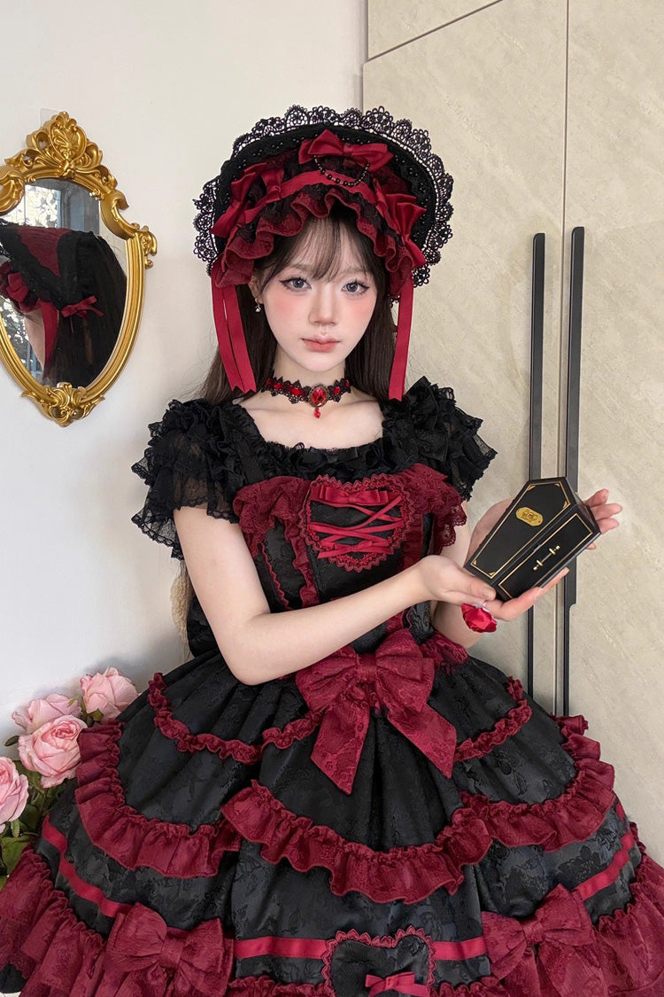 Black/Red [Super Cute Belia] Sleeveless Triple-Layered Ruffle Bowknot Lace Gothic Elegant Lolita Jsk Dress - Product - 2