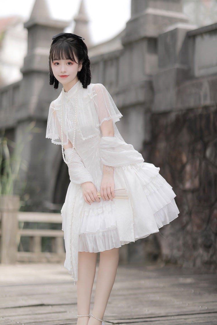 White Stand Collar Ruffle Chinese Qi Shawl Sweet Lolita Dress - Product - 2