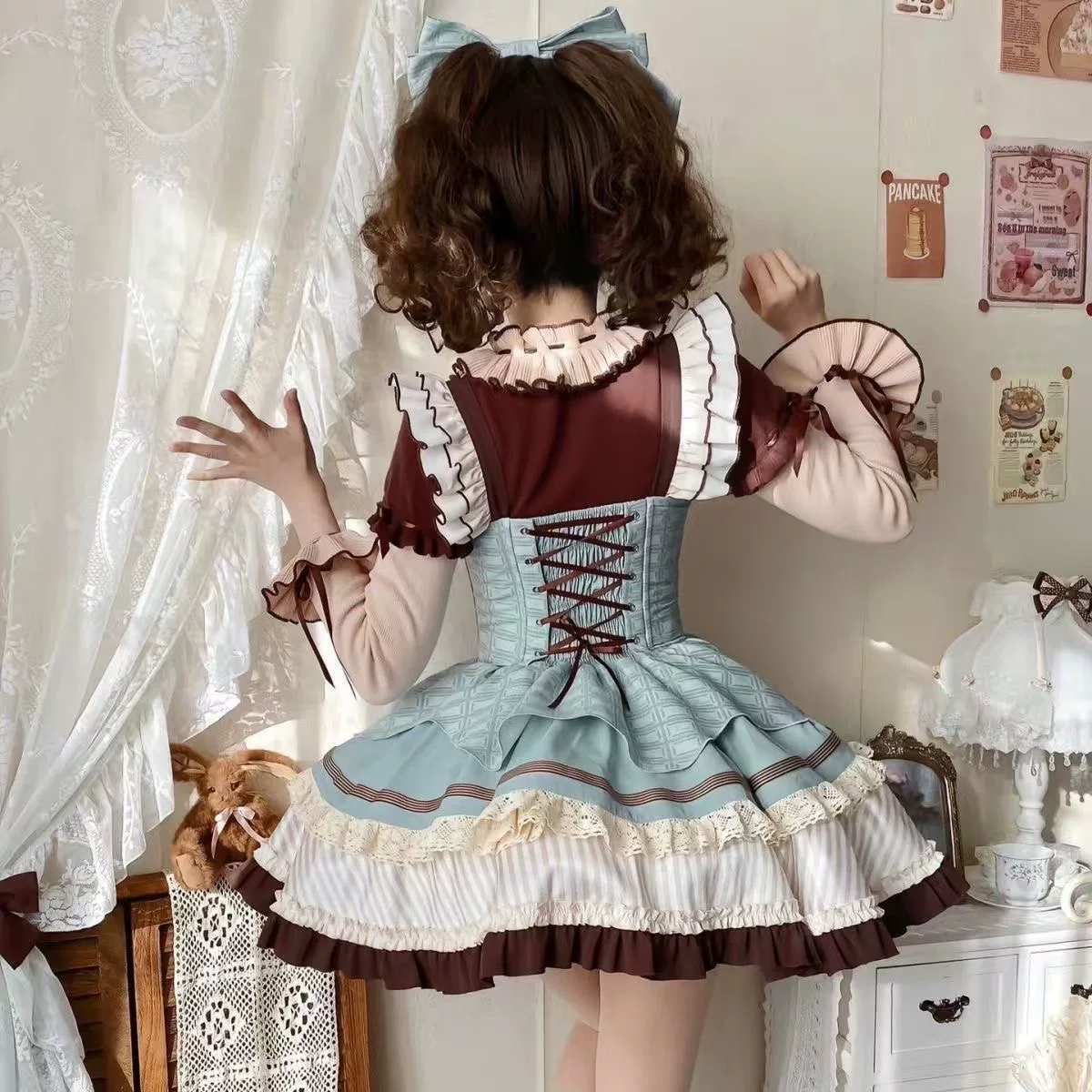 Green and Brown Ruffled Chocolate Lolita Dress Set with Bow Accent - view 3
