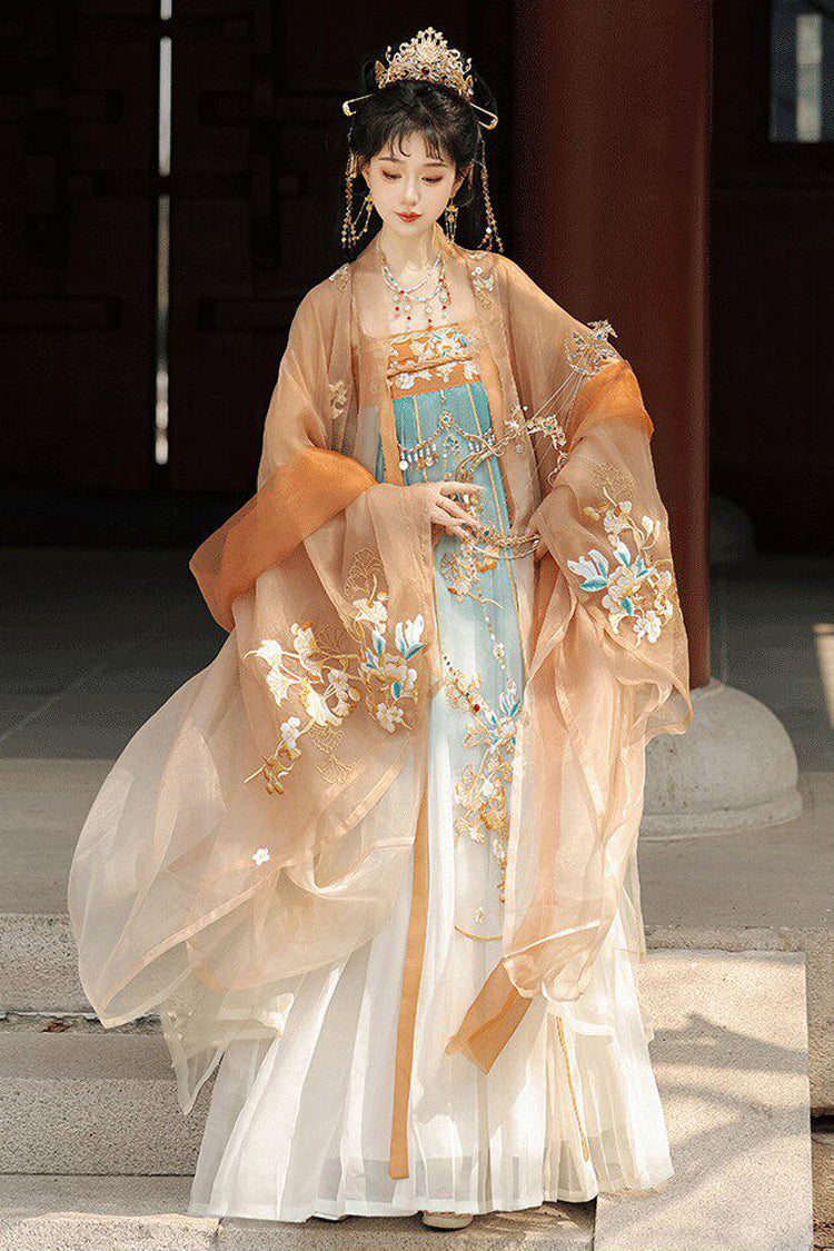 Orange [Cloud Brocade And Spring Splendor] High Waisted Embroidered Women's Classic Luxurious Hanfu Dress Set - Orange - 1