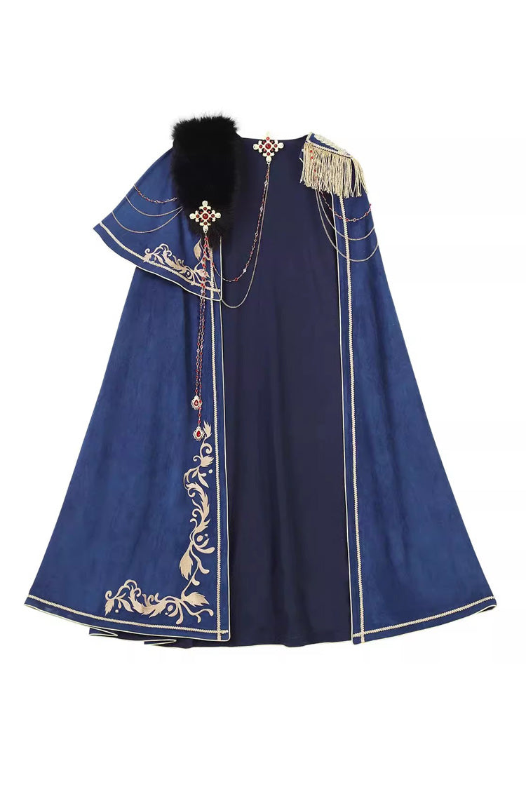 Red/Blue [Royal Glory] Stand Collar Long Sleeves Ruffled Embroidered Gothic Vintage Prince Palace Ouji Lolita Set - Cloak - 16