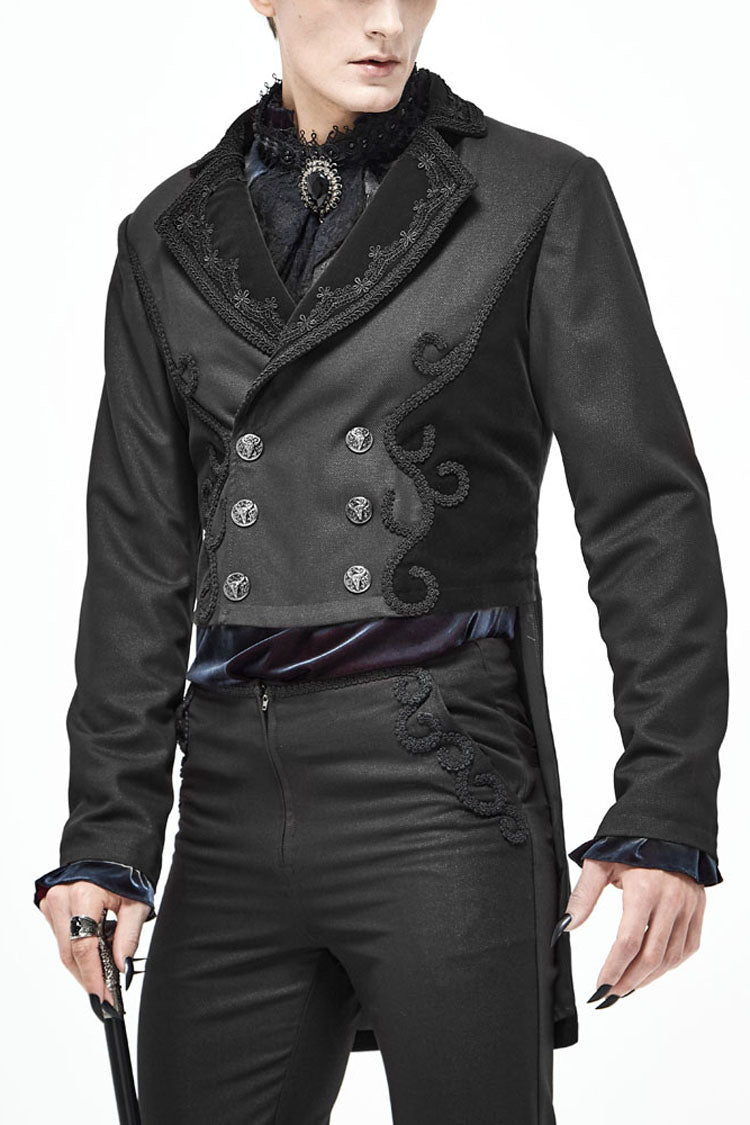 Black Retro Velveteen Front Floral Webbing Metal Button Weft Swallowtail Men's Gothic Coat - Black - 1