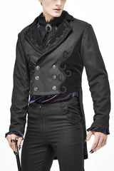Black Retro Velveteen Front Floral Webbing Metal Button Weft Swallowtail Men's Gothic Coat - Black - 1