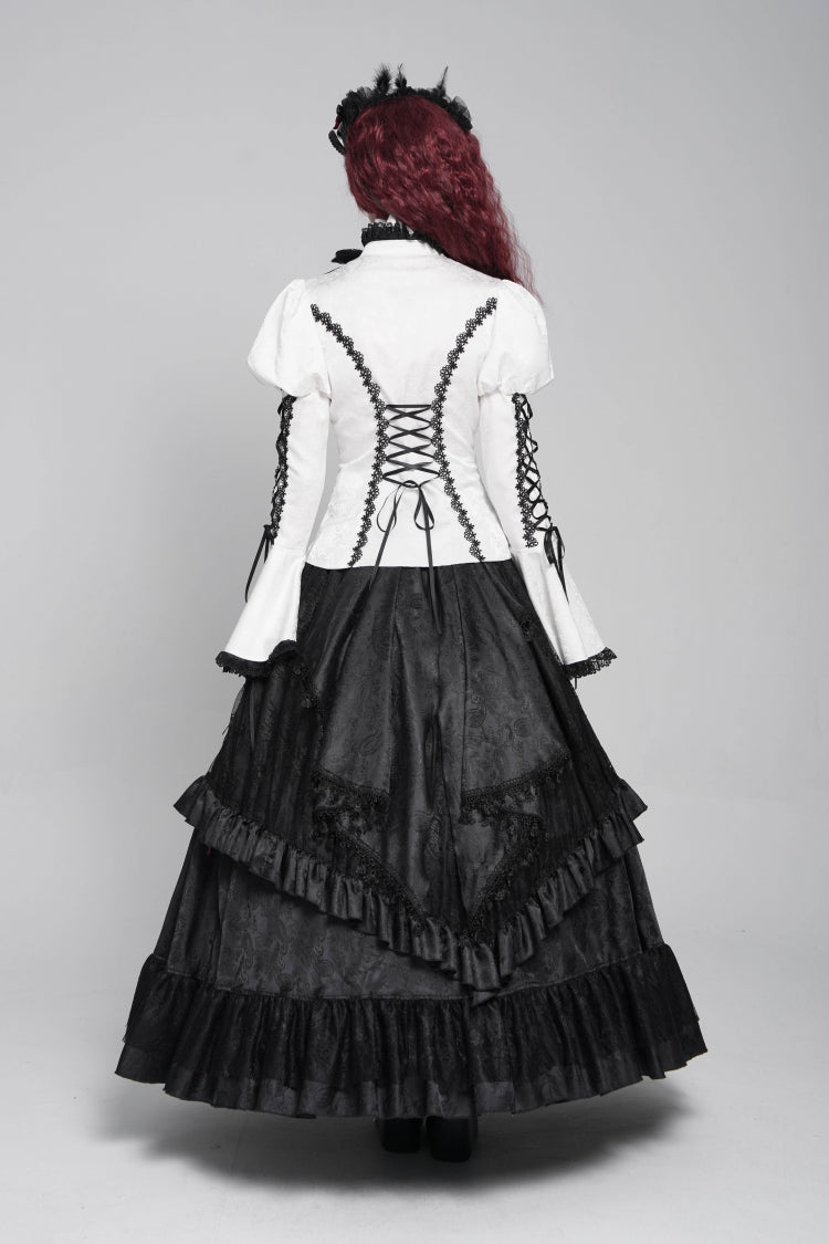 White Stand Collar Long Puff Sleeves Floral Jacquard Lace-Up Women's Gothic Blouse - Product - 12