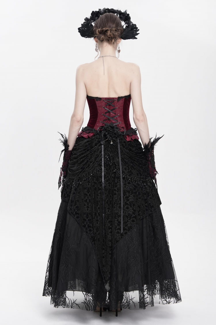 Red Sleeveless Beaded Lace Lace-Up Women's Gothic Overbust Corset - Product - 7