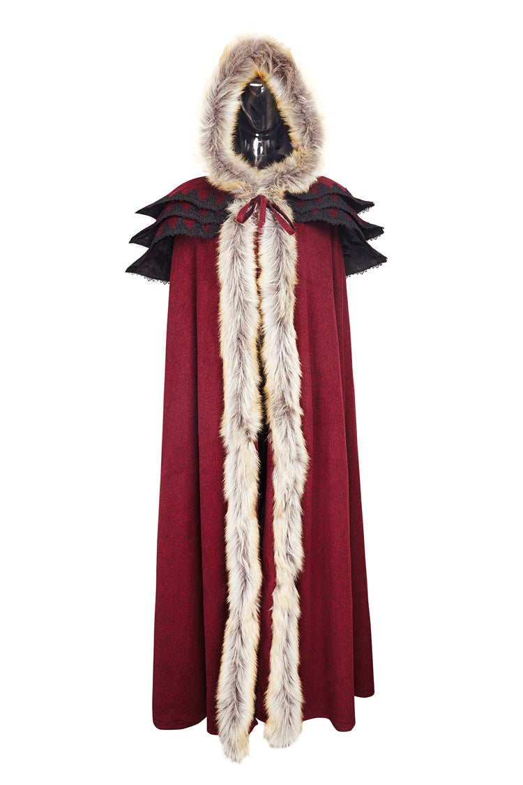 Red Hooded Fur Collar Wool Long Womens Gothic Coat Cloak - Product - 7
