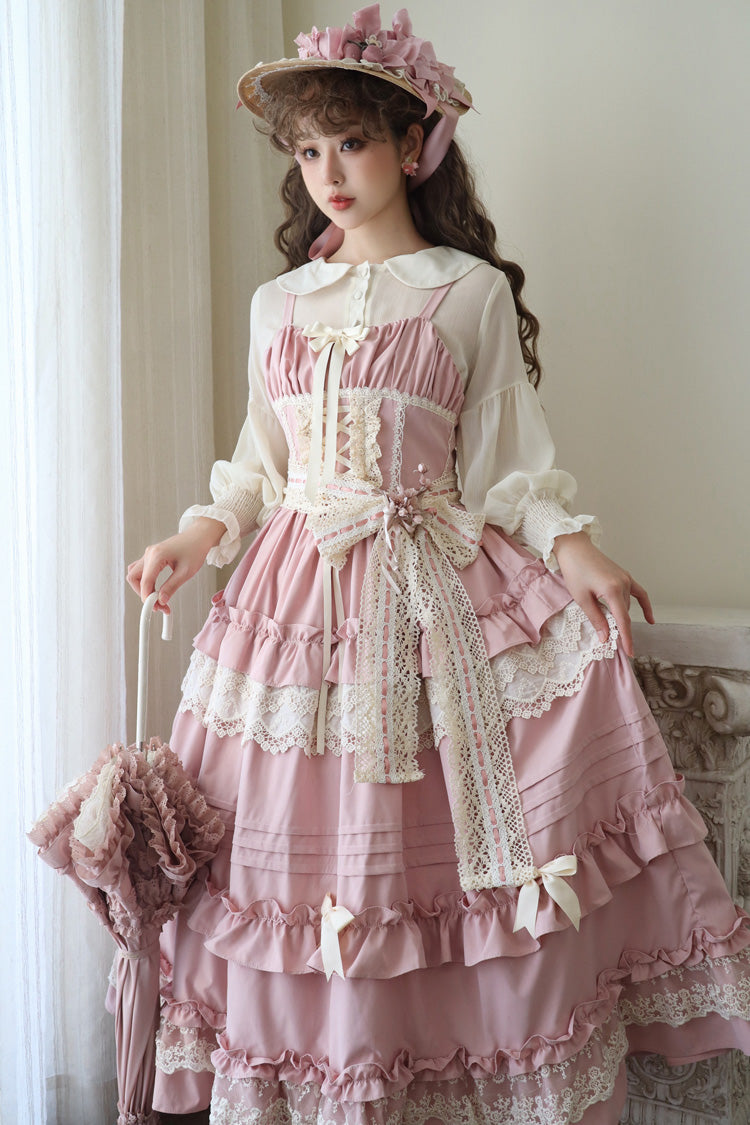 [Lillian] Ruffle Bowknot Lace Sweet Lolita Jsk Dress 4 Colors - Pink - 4