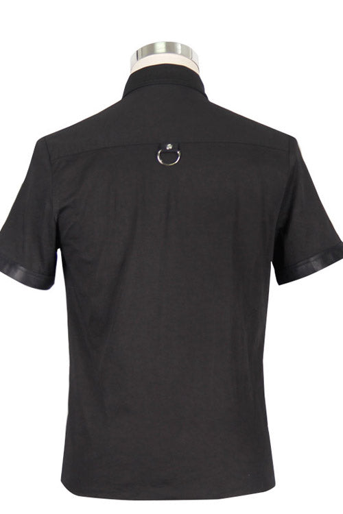 Black Locomotive Lapel Collar Short Sleeves Cotton Mens Punk Blouse - Product - 7