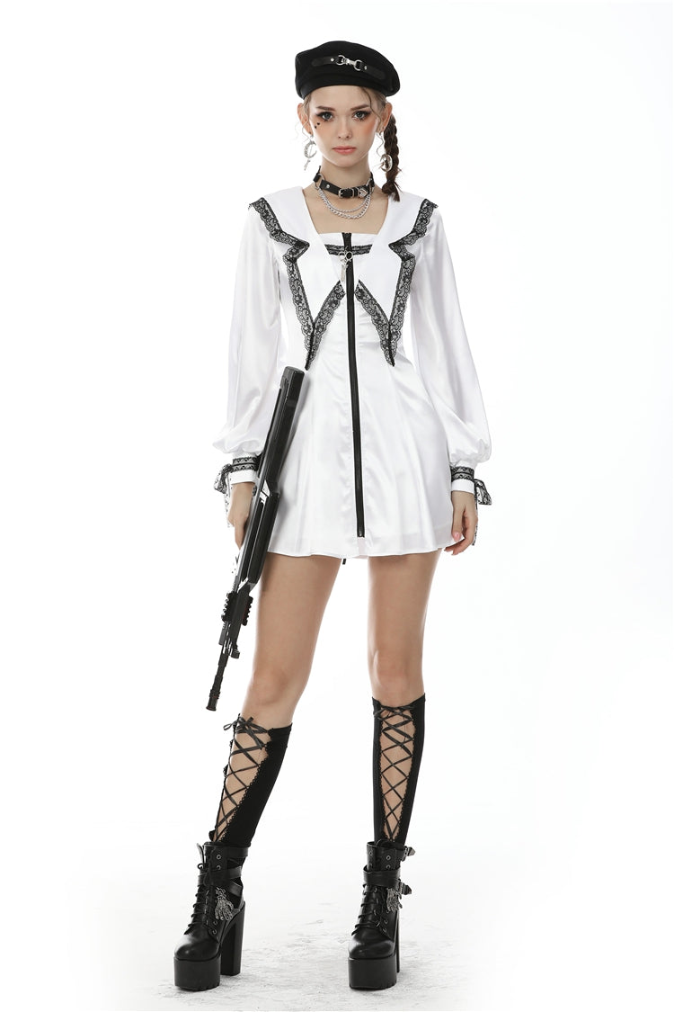 White Lapel Collar Long Sleeves Lace Lace-Up Zippered Women's Asceticism Dark JK Dress - Product - 8