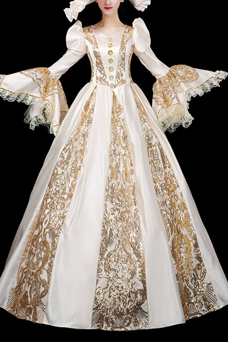 Trumpet Sleeves Long Sleeves Golden Floral Hollow Print Victorian Lolita Prom Dress - Champagne - 1