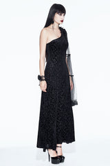 Black One Shoulder Mesh Shawl Feather Lace Decoration Velvet Long Women's Gothic Dress - Product - 3