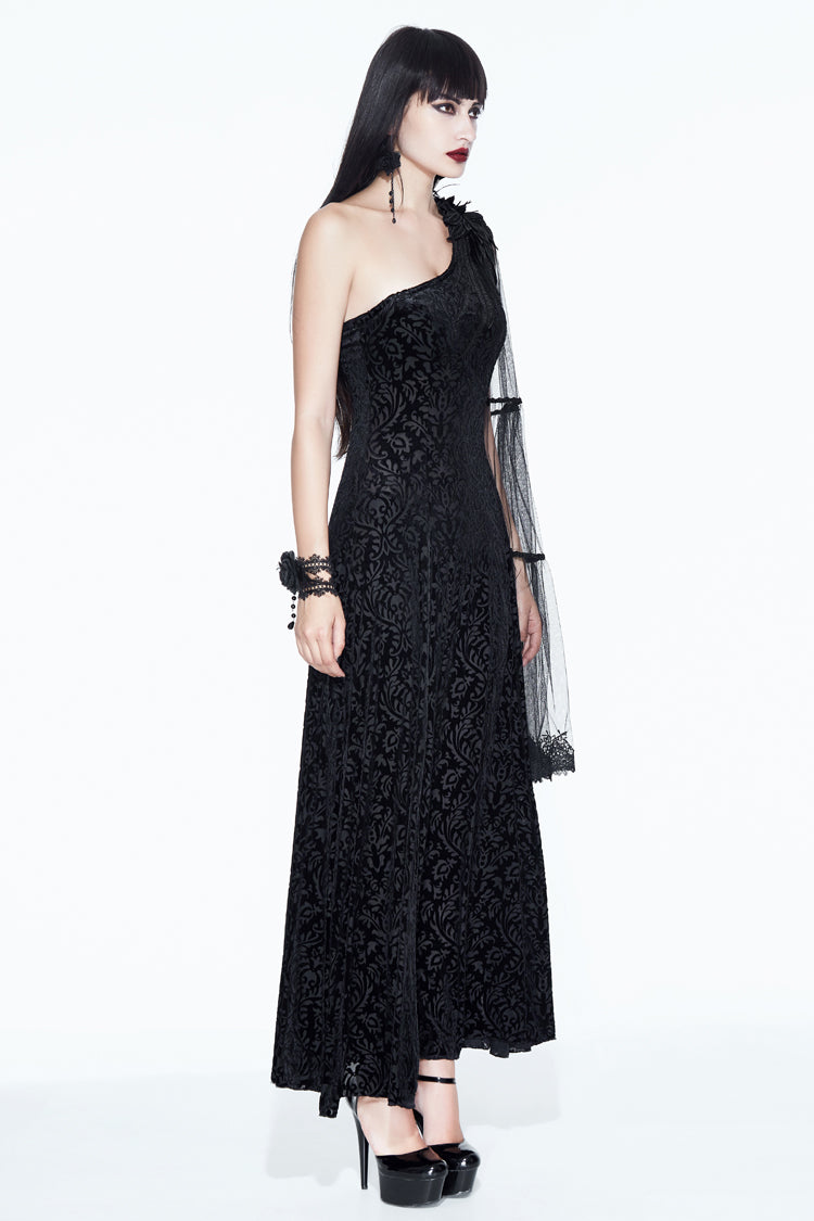 Black One Shoulder Mesh Shawl Feather Lace Decoration Velvet Long Women's Gothic Dress - Product - 3