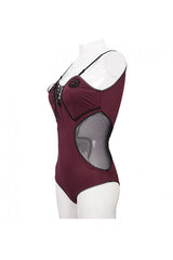 Wine Red Waist Splice Mesh Lace Up Gothic One Piece Swimsuit - Product - 14