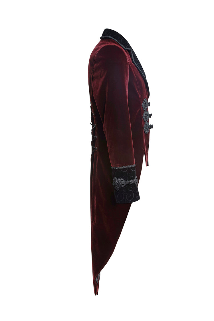 Red Embroidery Swallowtail Hem Mens Gothic Victorian Coat - Product - 6