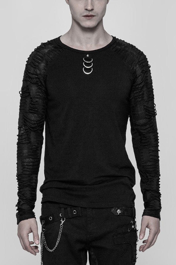 Black Long Sleeves Metal D-Buckle Ripped Men's Steampunk T-Shirt - Black - 1