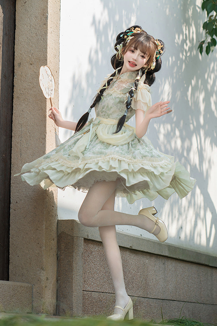 Green Pepper Chiffon Double-Layered Ruffle Bowknot Lace Sweet Chinese Style Lolita Dress - Product - 7
