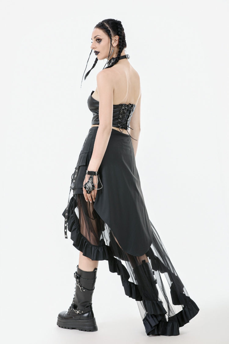 Black Eyelet Straps Women's High-Low Multi-Layered Ruffled Sheer Mesh Punk Skirt - Product - 10