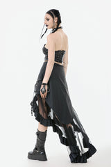 Black Eyelet Straps Women's High-Low Multi-Layered Ruffled Sheer Mesh Punk Skirt - Product - 10