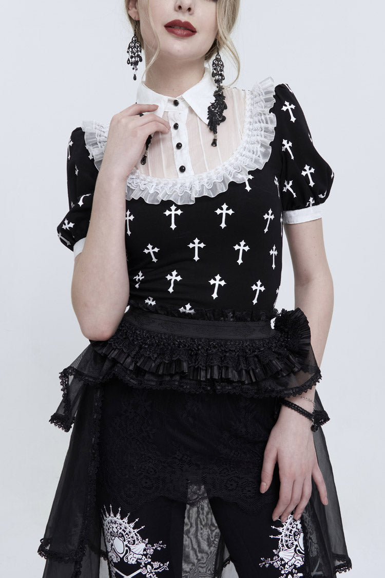Black/White Cross Printed Chest Paneled Chiffon With Lace Collar Applique? Lace Strap Pendant Women's Punk Shirt - Black/White - 1