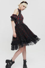 Black/Red Punk Off The Shoulder Plaid Chinese Style Cheongsam Collar Oversized Hem Women's Dress - Product - 3