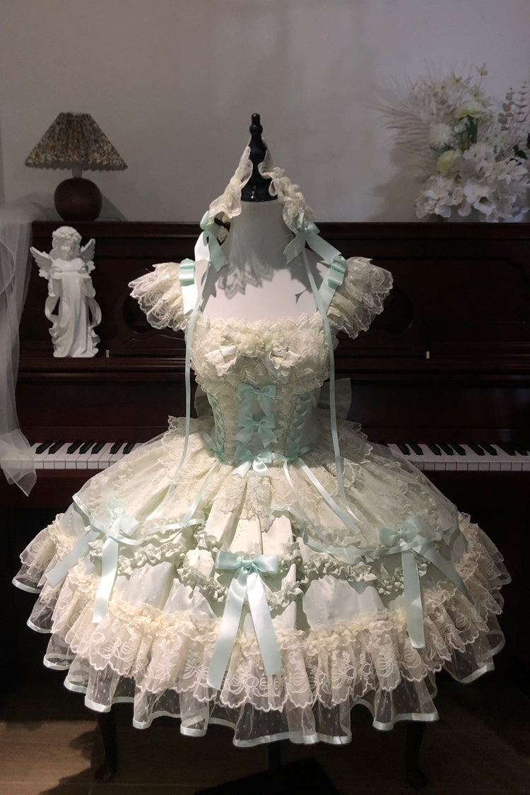 Light Green [Dreaming Butterfly] Multi-Layered Jacquard Ruffle Bowknot Lace Sweet Princess Lolita Jsk Dress - Product - 7