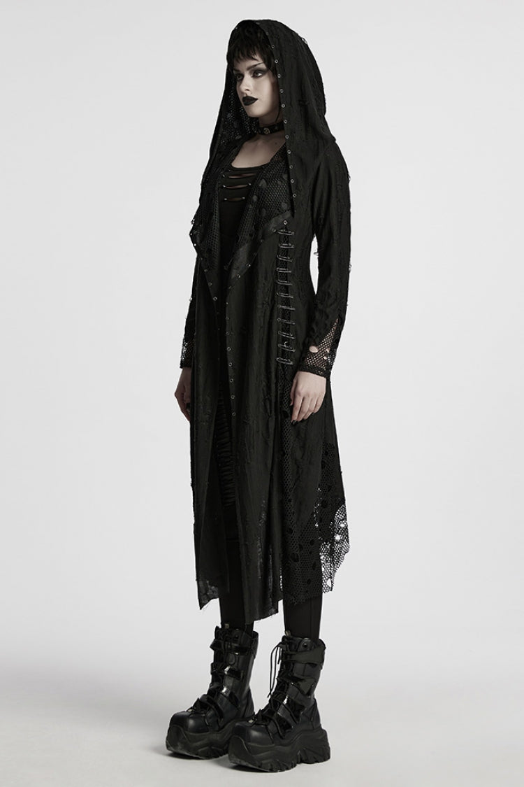 Black Long Sleeves Stitching Hooded Mesh Ripped Women's Gothic Coat - Product - 2