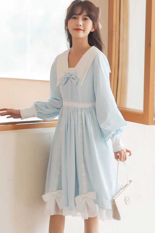 Lapel Collar Lantern Sleeves High Waisted With Bow Sweet Lolita OP Dress - Product - 4