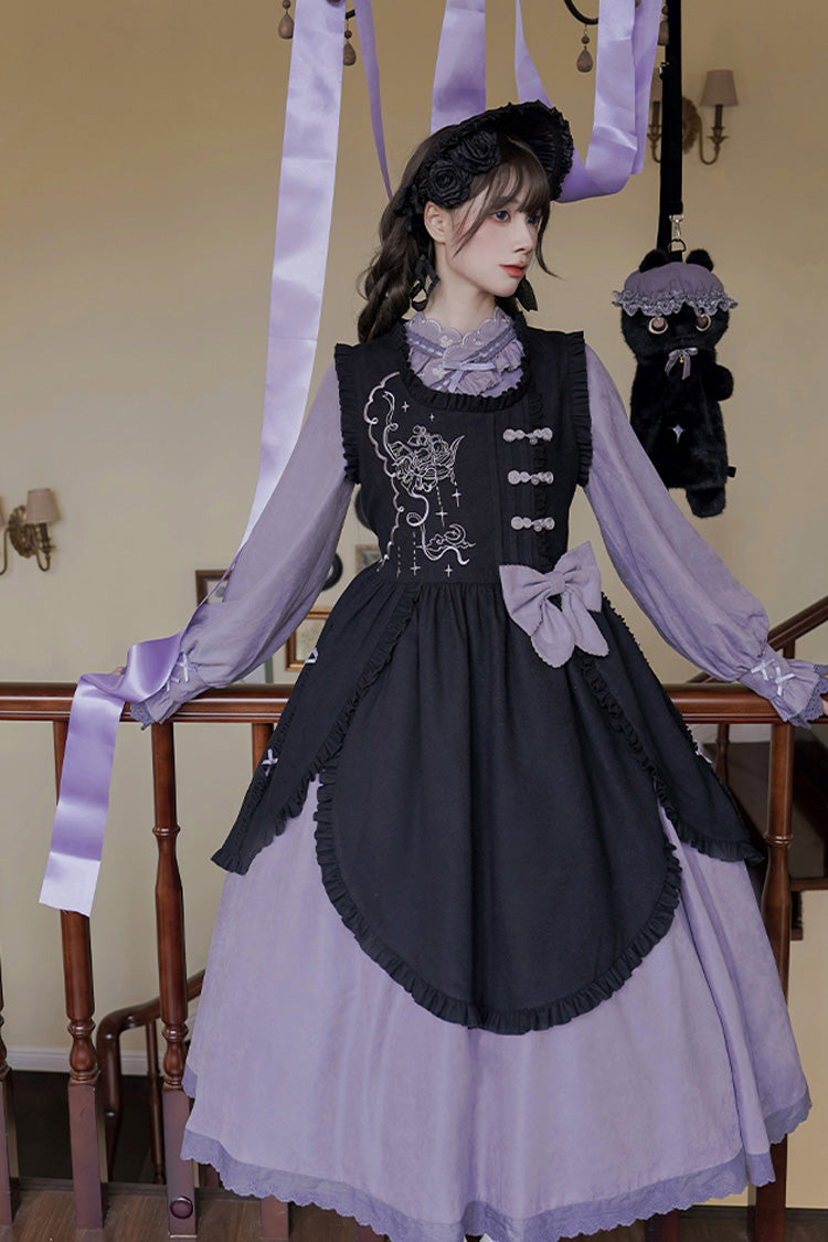 Black/Purple Petal Collar Drawstring Long Sleeves Embroidery Sweet Chinese Style Lolita Dress Two-piece Set - Product - 8