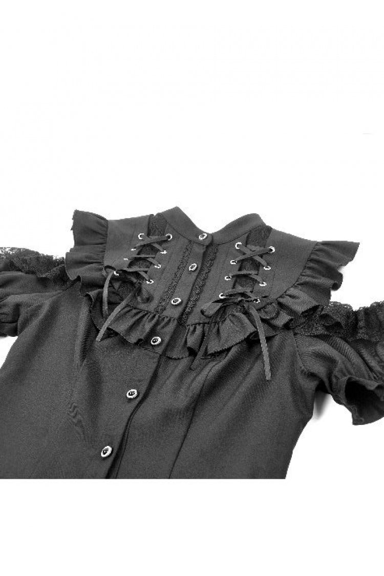 Black Mandarin Collar Cold‑Shoulder Puff Sleeves Ruffled Cut-Out Lace-Up Women's Gothic Blouse - Product - 10