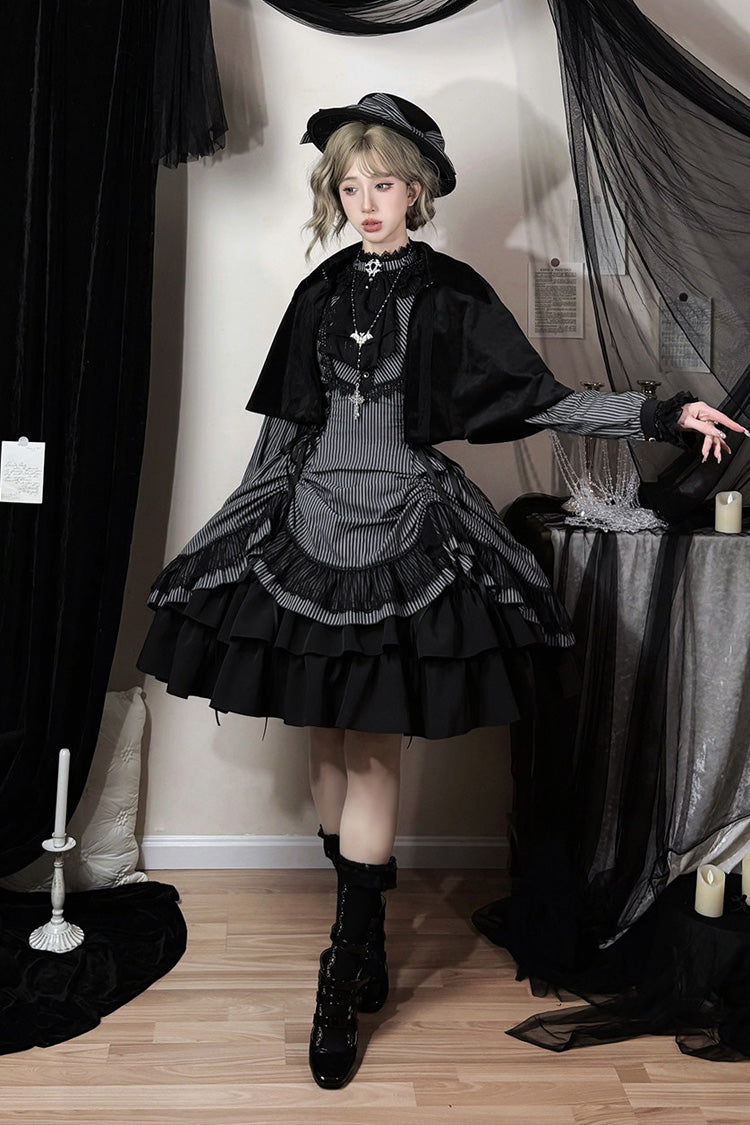 Black [Point Manor] Stand Collar Long Sleeves Multi-Layered Striped Printed Ruffled Lifted Hem Bow Gothic Lolita Dress - Product - 6