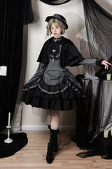 Black [Point Manor] Stand Collar Long Sleeves Multi-Layered Striped Printed Ruffled Lifted Hem Bow Gothic Lolita Dress - Product - 6