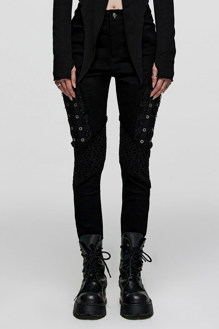 Black Stitching Slim Mesh Metal Eyelet Decoration Women's Steampunk Pants - Black - 1
